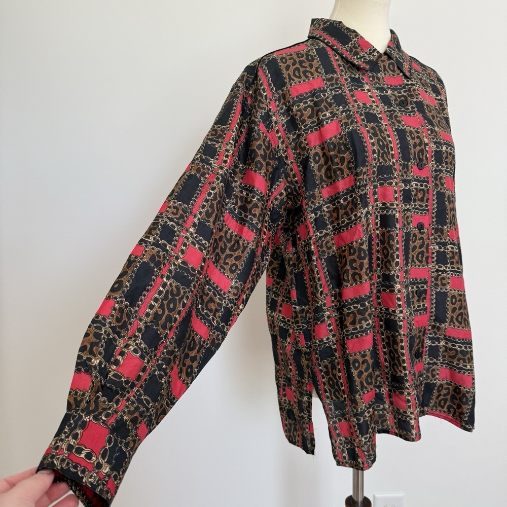 Vintage Anna and Frank 100% Silk Button Down Blouse Leopard Chain Classic Size L - Picture 3 of 12